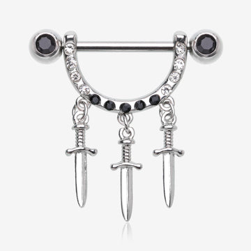 A Pair of Triple Dagger Sword Sparkle Stirrup Dangle Nipple Barbell Ring-Black